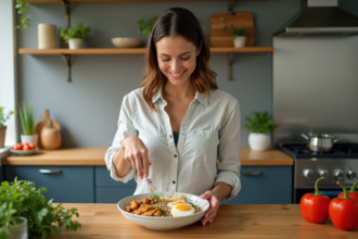 Femme préparant un bol repas sain dans la cuisine moderne