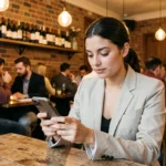 Femme consultant une application de réservation de restaurant sur smartphone chez Ober Mamma Paris