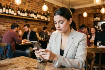 Femme consultant une application de réservation de restaurant sur smartphone chez Ober Mamma Paris