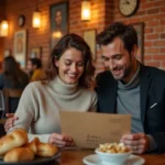 Couple dînant dans une brasserie lilloise avant un spectacle au Zénith, ambiance chaleureuse et décor authentique