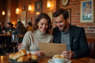 Couple dînant dans une brasserie lilloise avant un spectacle au Zénith, ambiance chaleureuse et décor authentique