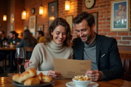 Couple dînant dans une brasserie lilloise avant un spectacle au Zénith, ambiance chaleureuse et décor authentique