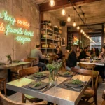 Intérieur d'un restaurant original à Lyon avec décor industriel, tables en métal et ardoises comme assiettes dans un concept food atypique