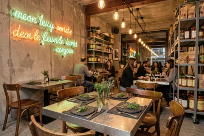 Intérieur d'un restaurant original à Lyon avec décor industriel, tables en métal et ardoises comme assiettes dans un concept food atypique