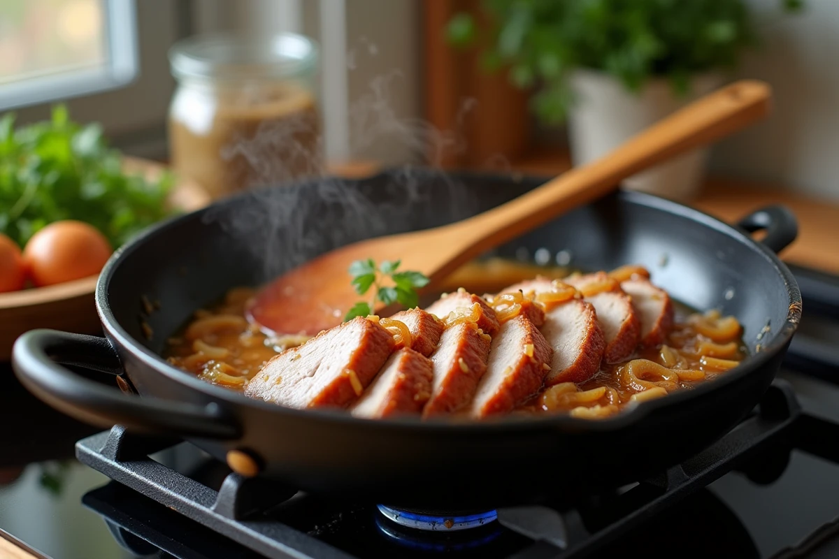 Restes de rôti de porc réchauffés en sauce fond de veau avec oignons caramélisés dans une poêle en céramique