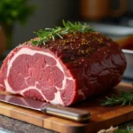 Rôti de boeuf de 1 kg reposant sur une planche en bois après cuisson au four, croûte dorée aux herbes