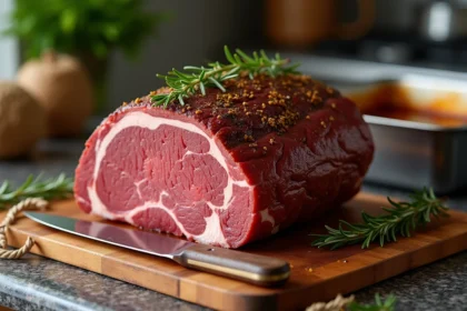 Rôti de boeuf de 1 kg reposant sur une planche en bois après cuisson au four, croûte dorée aux herbes