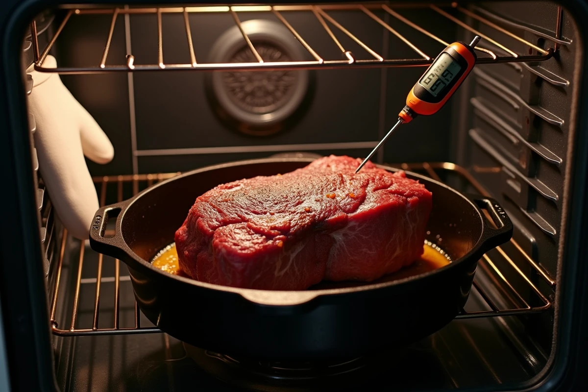 Rôti de boeuf dans un plat en fonte sortant du four avec un thermomètre à sonde indiquant la température de cuisson