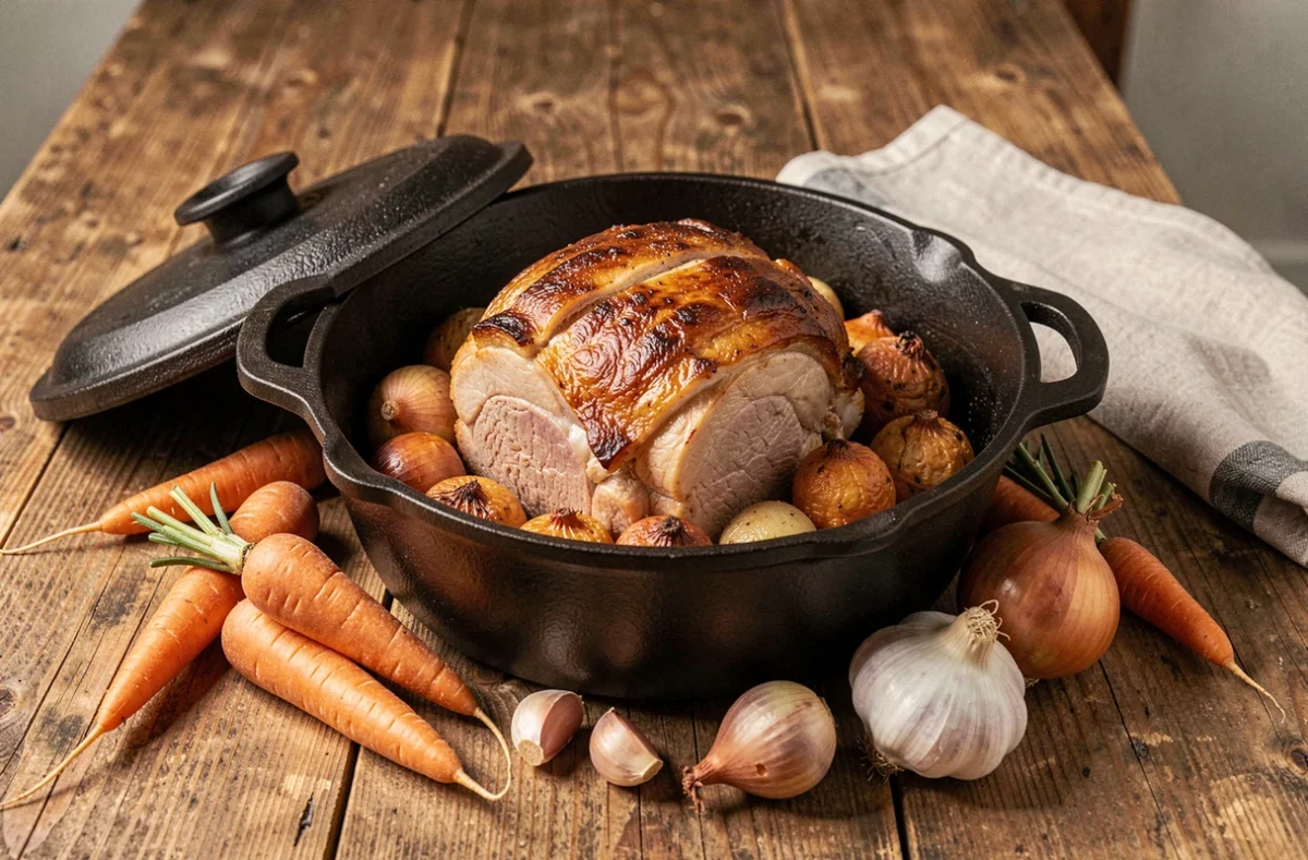 Rôti de porc doré dans une cocotte en fonte entouré de légumes rôtis sur une table en bois rustique