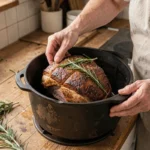 Femme plaçant un rôti de porc assaisonné dans une cocotte en fonte sur un plan de travail en bois