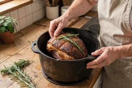 Femme plaçant un rôti de porc assaisonné dans une cocotte en fonte sur un plan de travail en bois