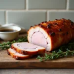 Rôti de porc cuit au Cookeo avec fond de veau présenté sur une planche en bois rustique avec du thym frais