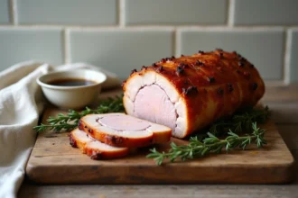 Rôti de porc cuit au Cookeo avec fond de veau présenté sur une planche en bois rustique avec du thym frais