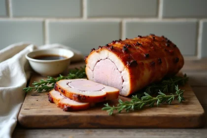 Rôti de porc cuit au Cookeo avec fond de veau présenté sur une planche en bois rustique avec du thym frais