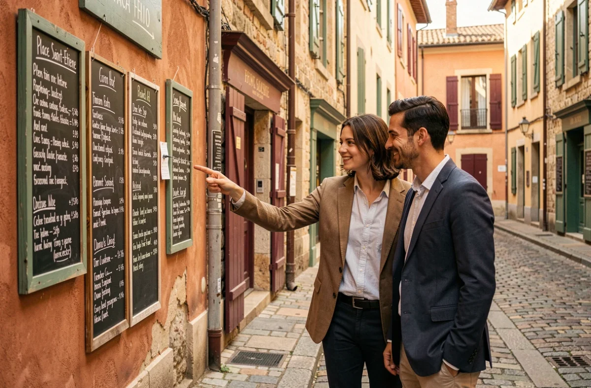 Couple lisant la carte affichée devant un petit restaurant indépendant dans une ruelle pavée du centre historique de Toulouse