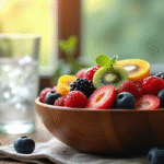 Bol de fruits frais et kiwi tranché avec eau gazeuse