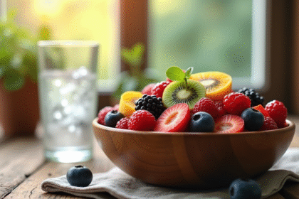 Bol de fruits frais et kiwi tranché avec eau gazeuse