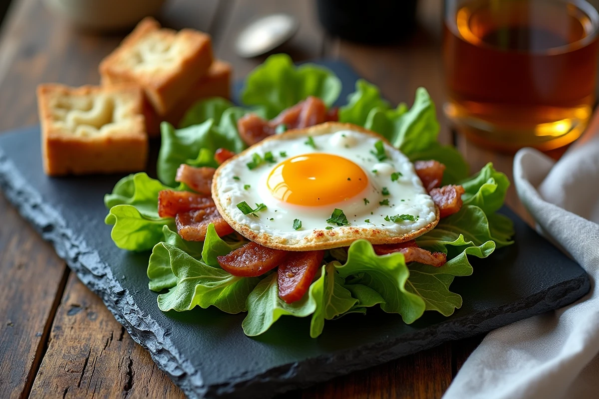 Salade lyonnaise traditionnelle avec oeuf poché, lardons et croûtons sur une ardoise dans un bouchon
