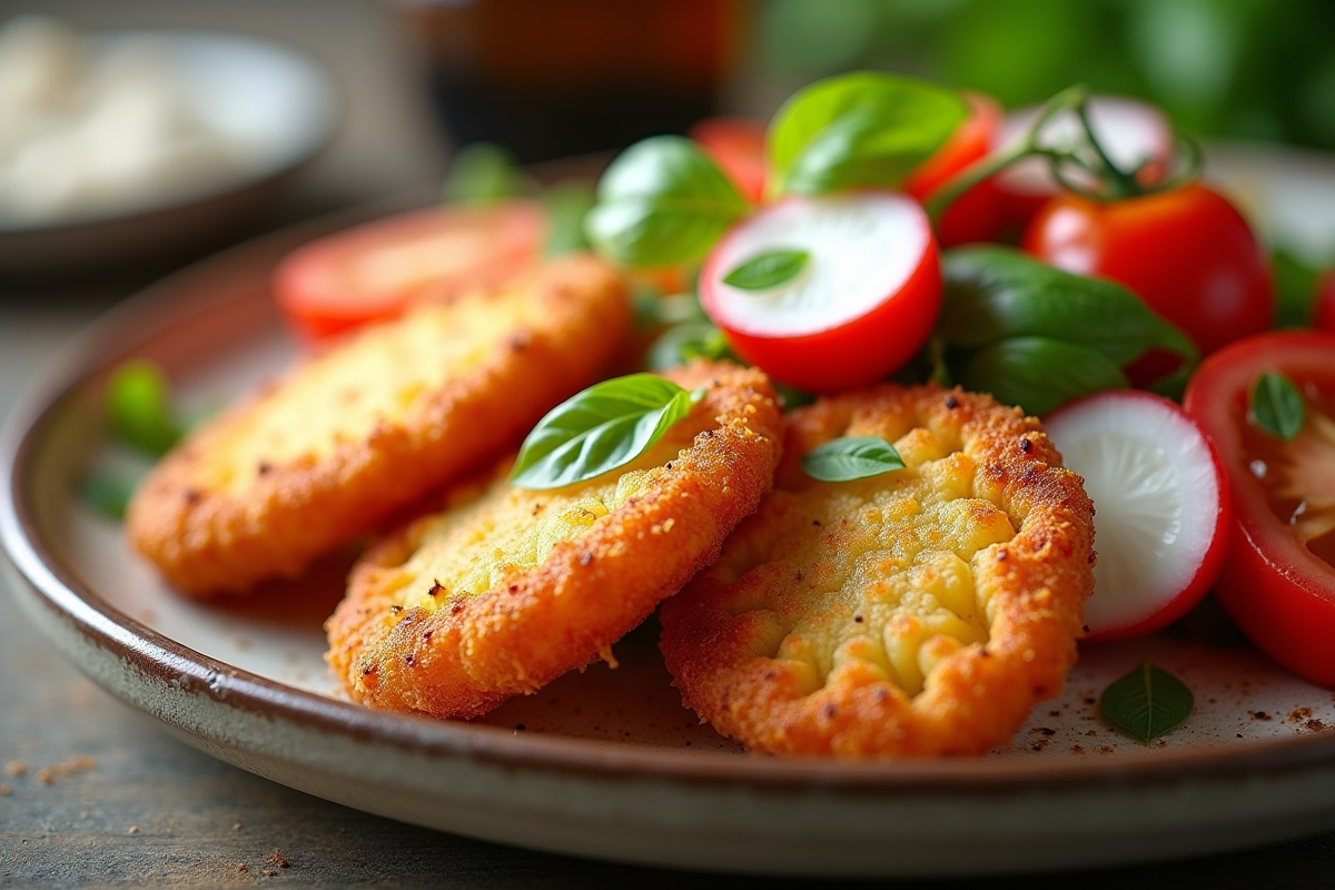 Cotelets milanais croustillants avec salade de tomates et basilic