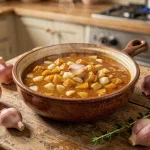 Sauce à l'échalote maison dorée et brillante dans une casserole en céramique rustique sur un comptoir en bois