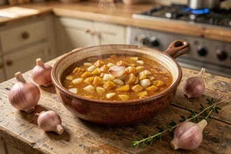 Sauce à l'échalote maison dorée et brillante dans une casserole en céramique rustique sur un comptoir en bois