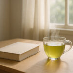 Photo hyperrealiste d'une scène matinale minimaliste sur bois avec tasse de thé vert