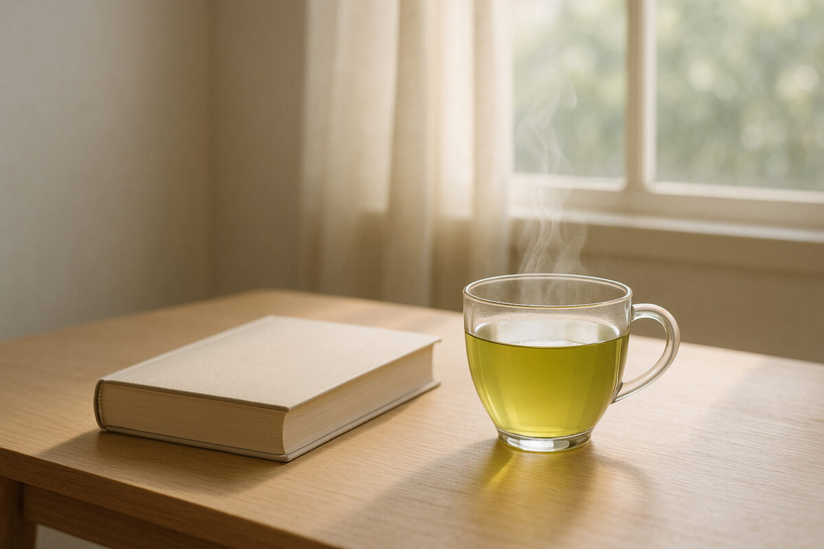 Photo hyperrealiste d'une scène matinale minimaliste sur bois avec tasse de thé vert
