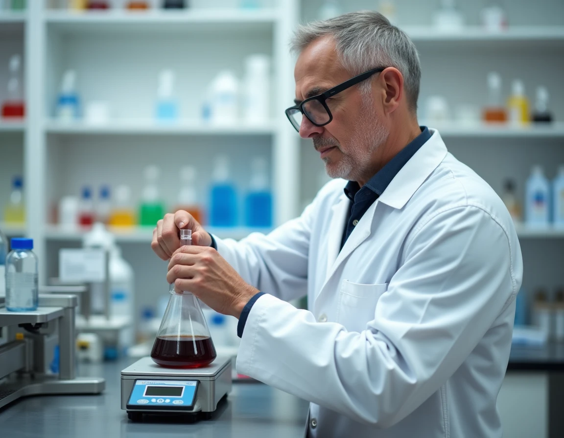 Scientifique en blouse blanche pesant un liquide dans un bécher sur une balance de précision en laboratoire pour démontrer que le volume ne correspond pas toujours au même poids