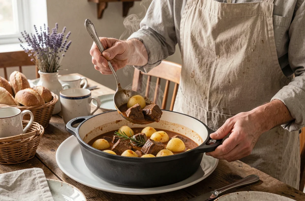 Personne servant un ragoût d'agneau fumant avec des pommes de terre fondantes dans une assiette blanche lors d'un repas en famille convivial