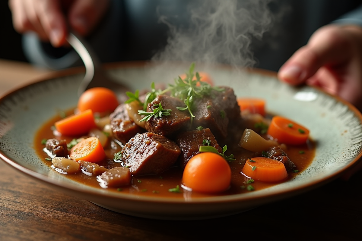 Viande en sauce servie sur assiette vintage avec main d
