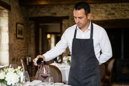Sommelier versant un grand bourgogne rouge dans un verre en cristal lors d'un dîner gastronomique élégant