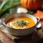 Soupe de potiron dans un bol sur une table rustique avec ingrédients frais