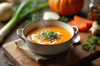 Soupe de potiron dans un bol sur une table rustique avec ingrédients frais
