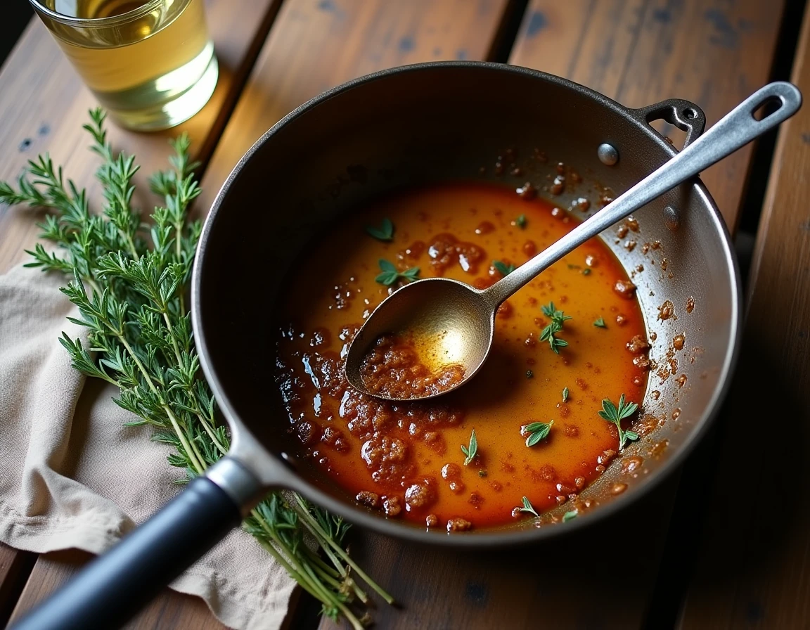 Vue aérienne d'un plat à rôtir avec des sucs de veau caramélisés, un verre de vin blanc et du thym frais sur une table en bois