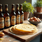 Table rustique avec bières artisanales et pâte à crêpes
