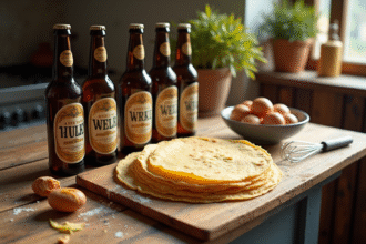 Table rustique avec bières artisanales et pâte à crêpes