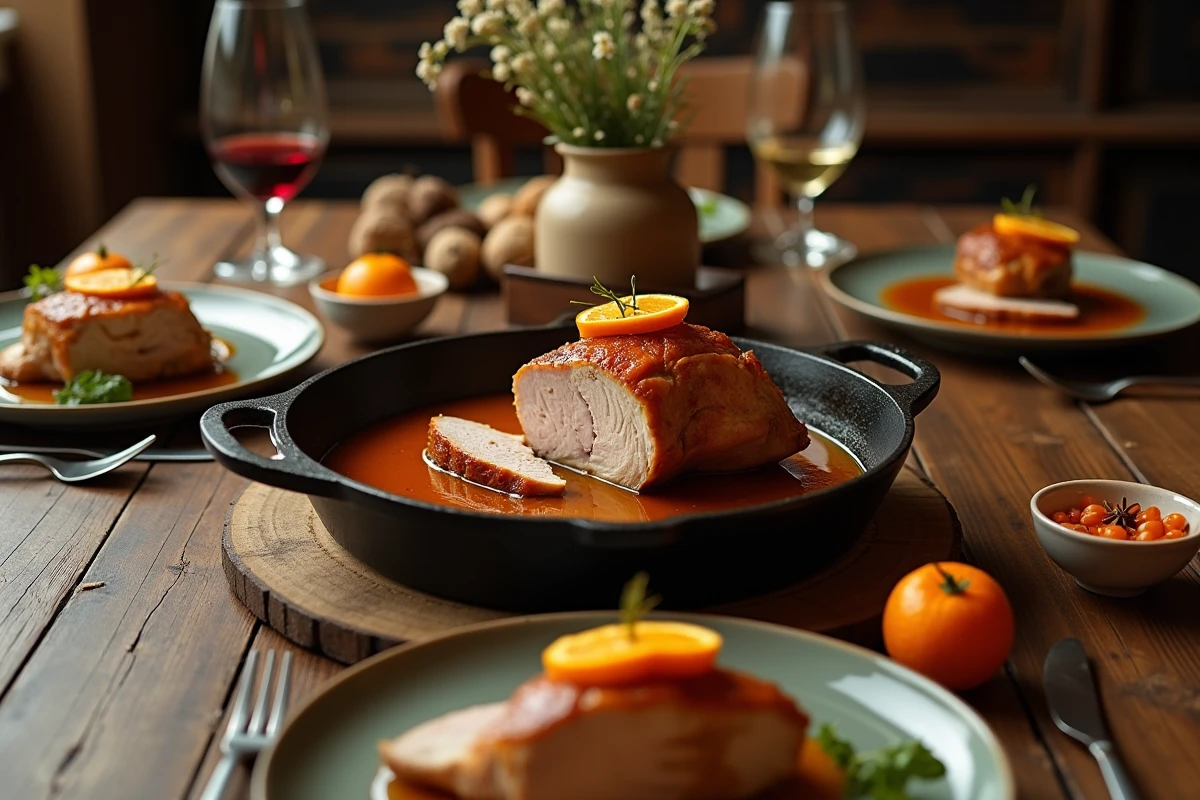 Table de dîner élégante avec magret de canard dans une poêle en fonte nappé d'une sauce à l'orange et au miel