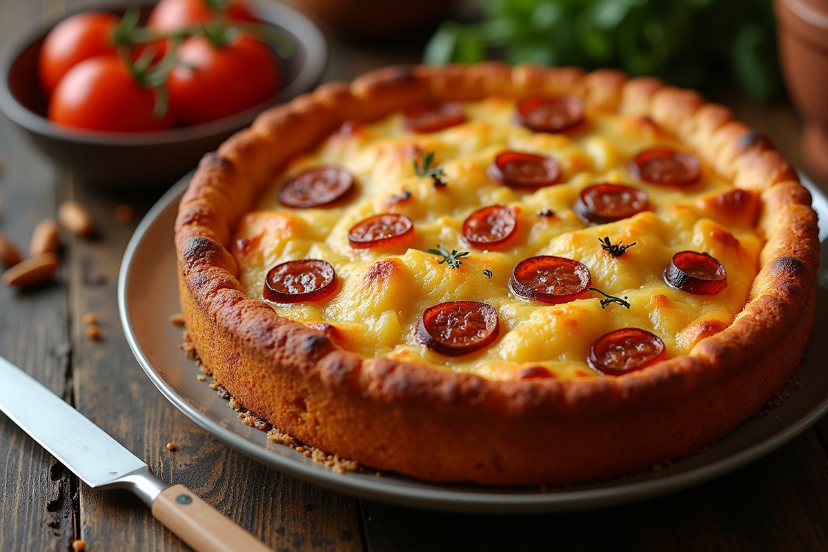 Table élégante avec gâteau chorizo entier et croûte dorée