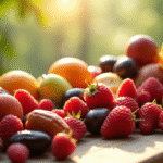 Table en bois avec fruits d'été dont dattes et fruits du dragon