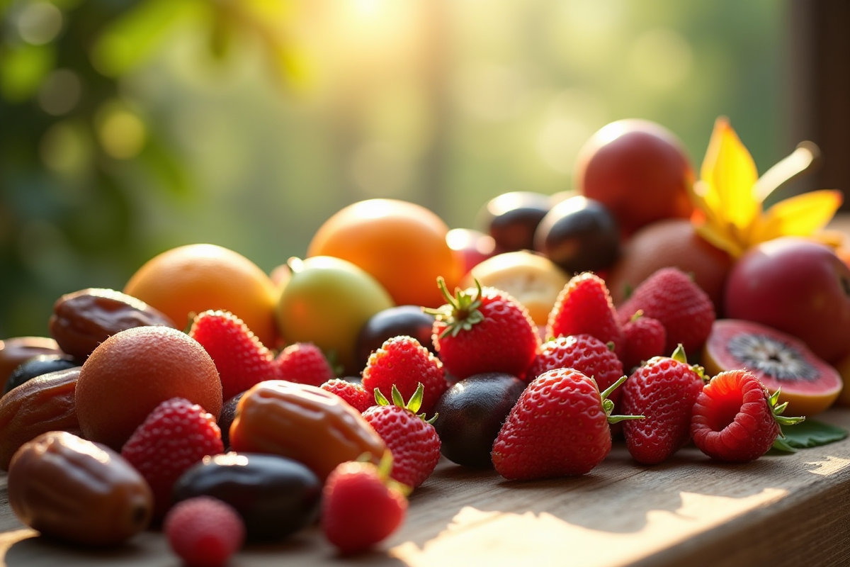 Table en bois avec fruits d'été dont dattes et fruits du dragon