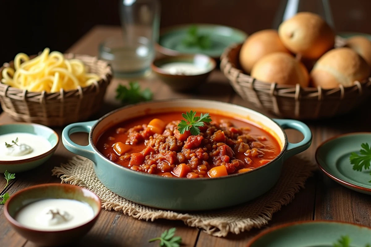 Table familiale dressée avec un plat de goulash hongrois, des pâtes aux œufs et du pain rustique pour un repas convivial
