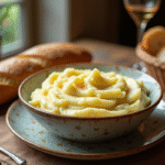 Table rustique française avec purée et baguette