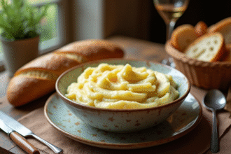 Table rustique française avec purée et baguette