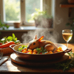 Table rustique avec civet de lapin en sauce au cidre
