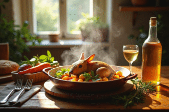 Table rustique avec civet de lapin en sauce au cidre