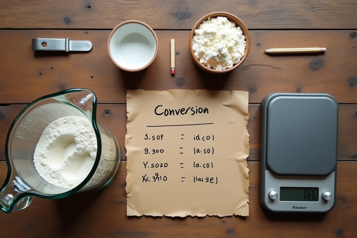 Vue de dessus d'une table de cuisine avec balance, verre doseur et tableau de conversion grammes en centilitres