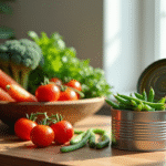 Table en bois avec légumes frais et conserve naturelle