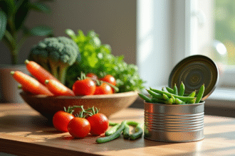 Table en bois avec légumes frais et conserve naturelle