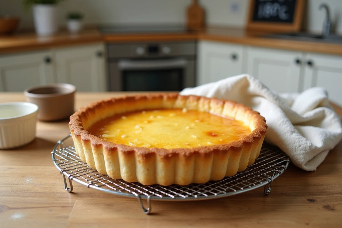 Tarte cuite uniformément au four à 180 degrés posée sur une grille de refroidissement