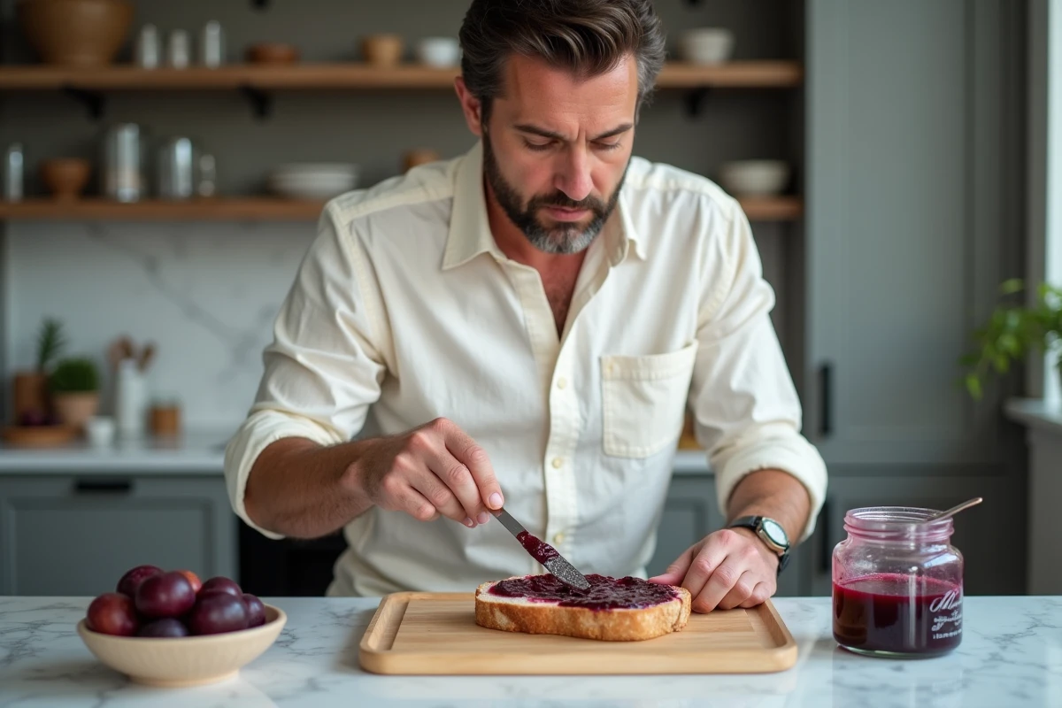 Homme tartinant une confiture de prunes maison sur une tranche de pain au levain dans une cuisine moderne